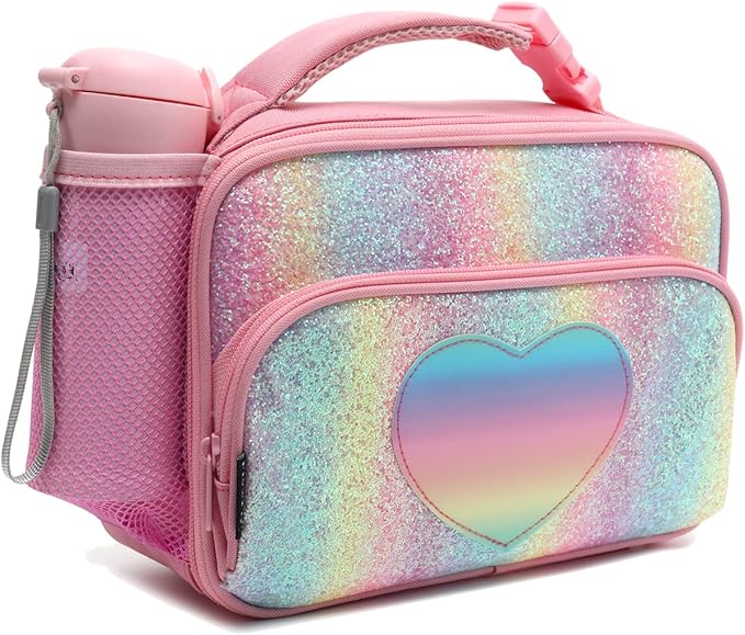 FlowFly Kids Lunch box Insulated Soft Bag Mini Cooler Back to School Thermal Meal Tote Kit for Girls, Boys,Glitter-RainBow