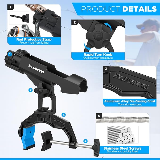 PLUSINNO 1/2/4 Pack Fishing Rod Holders for Boat, Fishing Rod Holder with Enlarge Clamp, Innovative Dual-V Shaped Design, Fit Round/Square Tube Boat Fishing, Fishing Gear, Fishing Gifts for Men