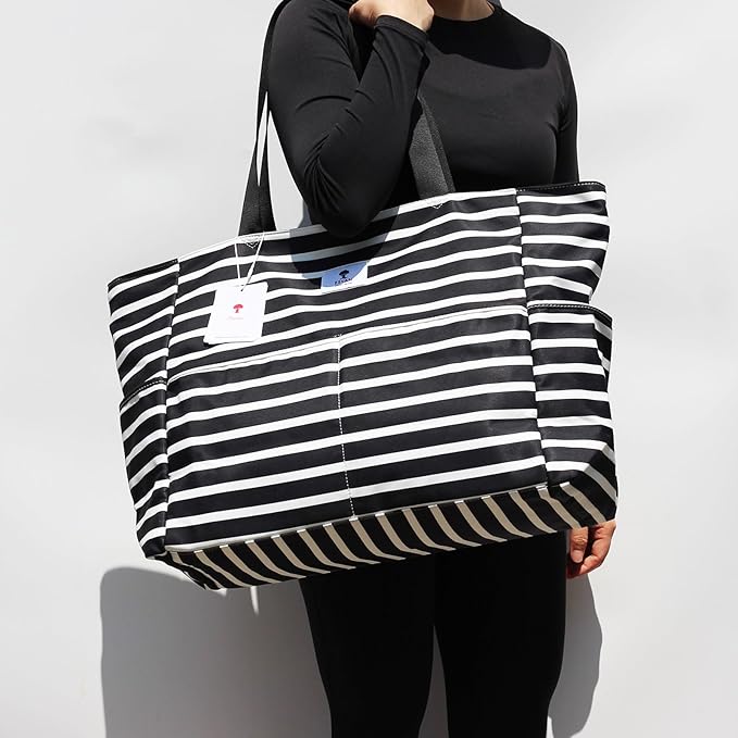 ESVAN Large Foldable Beach Bag for for Women with Dry Wet Compartment Waterproof Sandproof Travel Gym Picnic Handbag