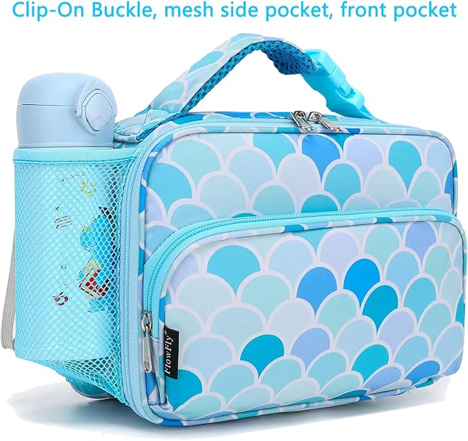 FlowFly Kids Lunch box with buckle Insulated Cooler Back to School Thermal Meal Tote Kit for Girls, Boys (Mermaid)