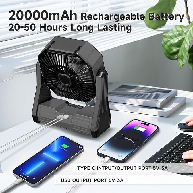 SmartTail Portable Camping Fan, 20000mAh Battery Powered Fan with LED & Hook, Stepless Speed & Timing Rechargeable Fan, Cordless Desk Fan for Camping, Tent, Fishing, Travel, Office-black