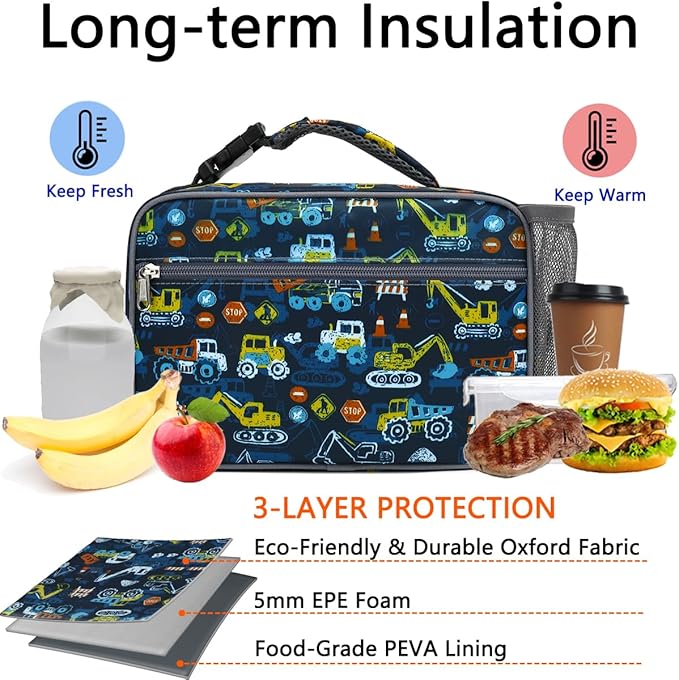 Insulated Lunch Box for School, Thermal Reusable Durable Freezable Lunch Bags for Kids Boys Girls Men Women - Small Soft Cooler Portable Lunch Tote Kit for Work Picnic Travel,Excavator