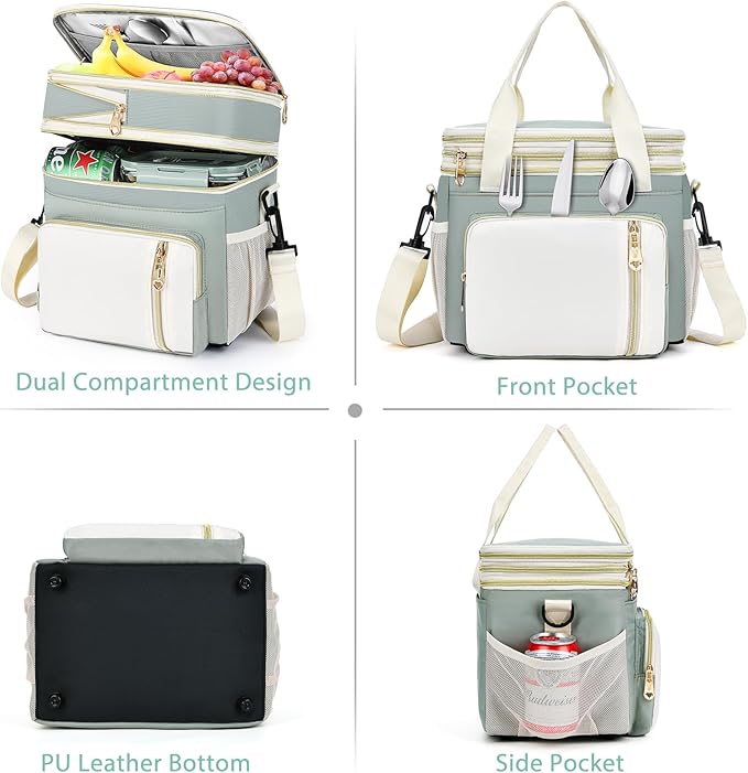 Lunch Box & Lunch Bag for Women Men, Large Insulated Adult Lunch Box Leakproof Lunchbox Cooler Bag for Work Picnic Beach,16L, Olive Green & White