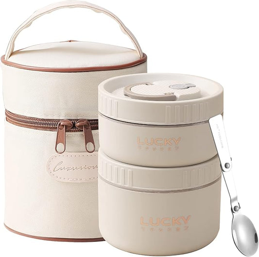 YBOBK HOME Thermal Bento Lunch Box, Portable Insulated Lunch Container For Kid Aldult To School Work, Keep Food Warm Stainless Steel Lunch Box With Bag, Induction Cooker & Microwave Safe (Beige 34oz)