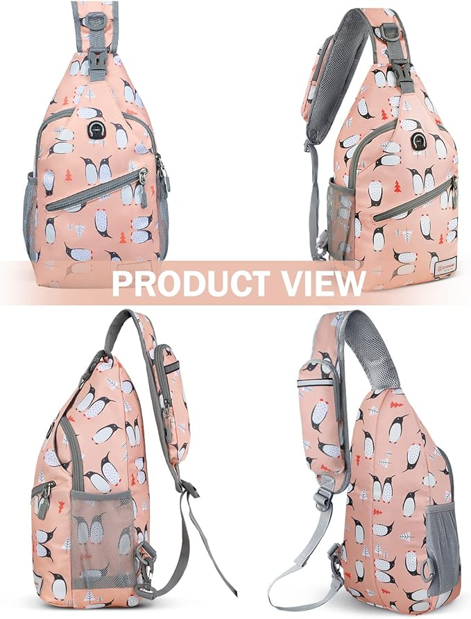ZOMAKE Sling Bag, Penguin Pink, Nylon, 5 Separate Compartments, 10" iPad Compartment, Anti-Theft, Adjustable Reversible Shoulder Strap, Water Resistant