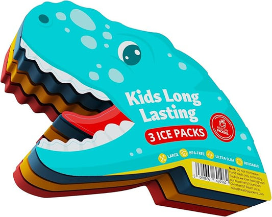 Slim Ice Packs for Lunch Boxes Kids - 3-Pack Long-Lasting Dinosaur Lunch Box Ice Packs for Kids - Slim Reusable Ice Packs for Lunch Boxes, Lunch Bags, and Coolers - Multicolored (Dinosaurs)