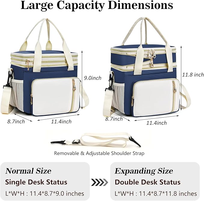Lunch Box & Lunch Bag for Women Men, Large Insulated Adult Lunch Box Leakproof Lunchbox Cooler Bag for Work Picnic Beach,16L, Dark Blue & White
