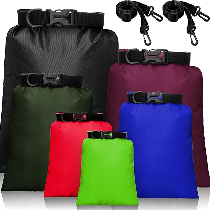 Waterproof Dry Bag Set 15 L+ 8 L +5 L+4 L+3 L+ 2 L Lightweight Sacks and Long Adjustable Shoulder Strap for Kayaking, Rafting, Boating, Hiking, Camping (Dark Colors,6 Pcs)