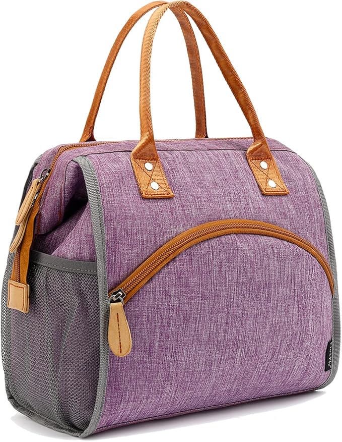 FlowFly Insulated Lunch Bag Wide-Open Lunch Box Large Tote Leakproof Cooler with Drink Holder and Multi Pockets for Women Men Adult Kids Work Picnic Travel Beach Hiking, Purple