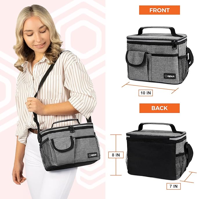 opux Insulated Lunch Bag for Men Women, Leakproof Heather Gray Lunch Box for Work, Portable Soft Lunch Cooler Bag with Shoulder Strap, Adult Lunchbox Lunch Pail for Kid Boy Girl School, 14 Can/8L