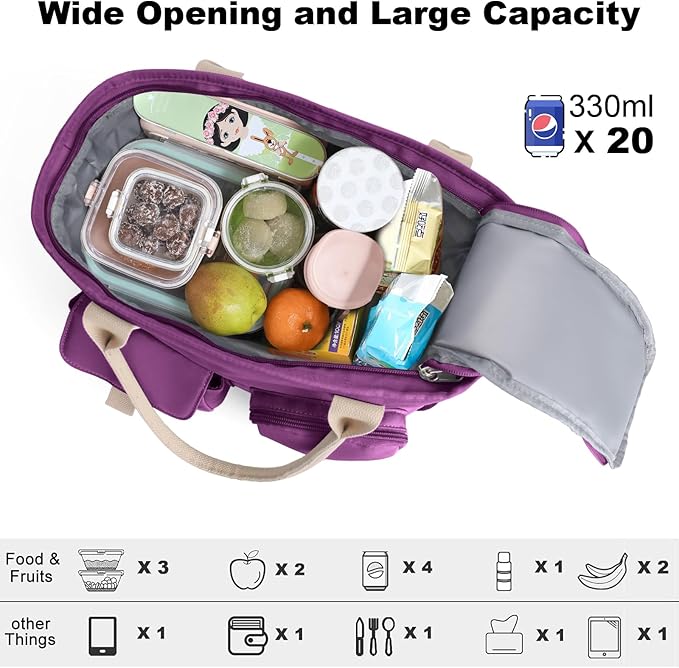 Hafmall Insulated Lunch Bag for Adults, Big lunch box for Womens, Wide Opening Insulated Tote Bag with Shoulder Strap, Reusable Adult Lunch Bag For Work, Picnic(Purple)