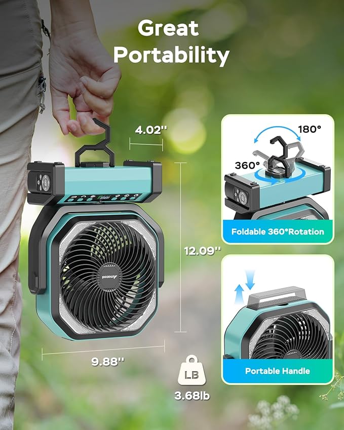 Camping Fan with Light, 20000mAh Rechargeable Battery Operated Fan, 112H Max Cooling Time, 8 Speeds, Digital Display, Remote Control, 270°Pivot with Hook for Tent Car RV Power Outage Hurricane