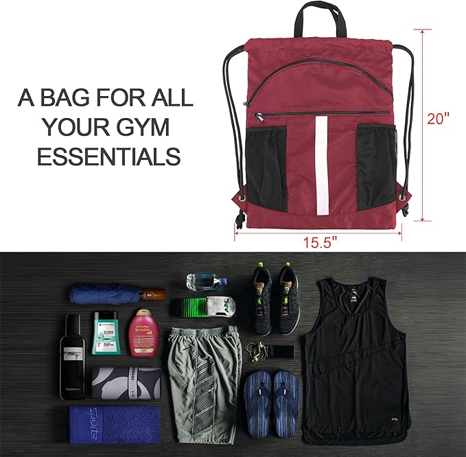 BeeGreen Drawstring Backpack Bag with Shoe Compartment, X-Large Black Gym Sports String Cinch Backpack