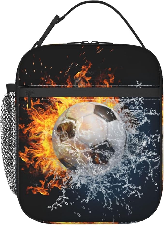 Insulated Durable Football Lunch Box with Shoulder Strap, Kids Adult Fire And Water Soccer School Lunch Bag, Lunch Tote Box Bag for Office School Picnic Beach Travel