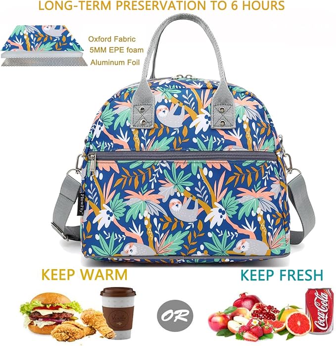 FlowFly Insulated Lunch Bag With Shoulder Strap for Women, Men, and Kids, Large and Reusable, Handle, Freezable Work and School Travel Tote and Meal Prep Organizer,Sloth