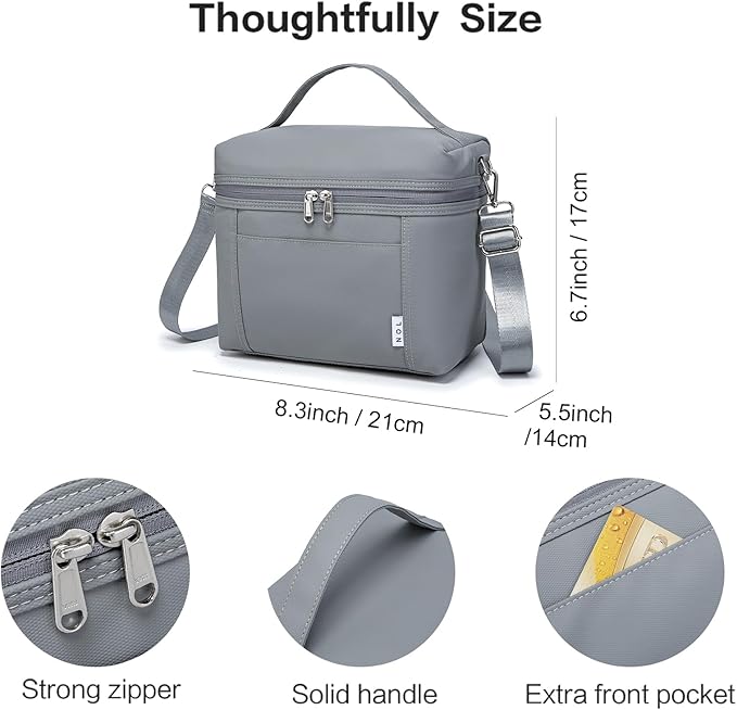 NOL Natural Organic Lifestyle Insulated Lunch Bags for Women Cooler Bag Lightweight Nylon Waterproof Lunch Box For Work (Small, Light gray)