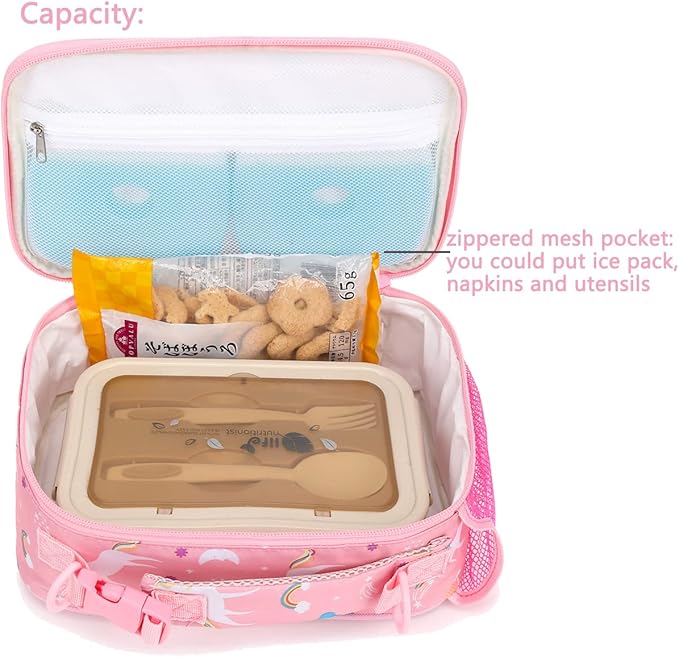 FlowFly Kids Lunch Bag, Durable Insulated School Lunch Box with Shoulder Strap and Bottle Holder, Water-resistant Thermal Small Lunch Cooler Tote for Teen Boys & Girls,Pink#Unicorn