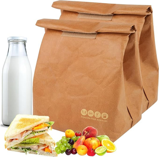 2 Pcs Insulated Brown Paper Lunch Bags, Reusable Lunch Bag Large Retro Sacks Thermal Insulation Food Storage Handbag with Velcro for Adults Office Work Picnic Travel Snacks - 7.8"L x 5.9"W x 11.8"