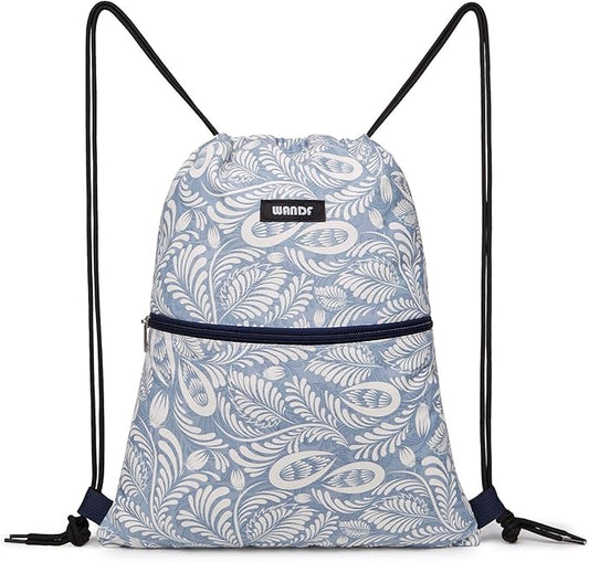 WANDF Drawstring Backpack String Bag Sackpack Cinch Water Resistant Nylon for Gym Shopping Sport Yoga (Light Blue Leaf with zipper)