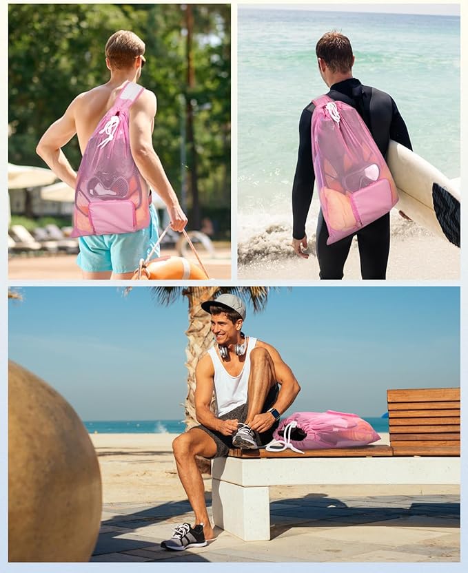 WANDF Swim Bag Foldable Mesh Drawstring Bag with Quick-dry Shoulder Strap Beach Backpack with Wet Pocket for Swimming, Gym, and Workout Gear (Pink Patent Pending)