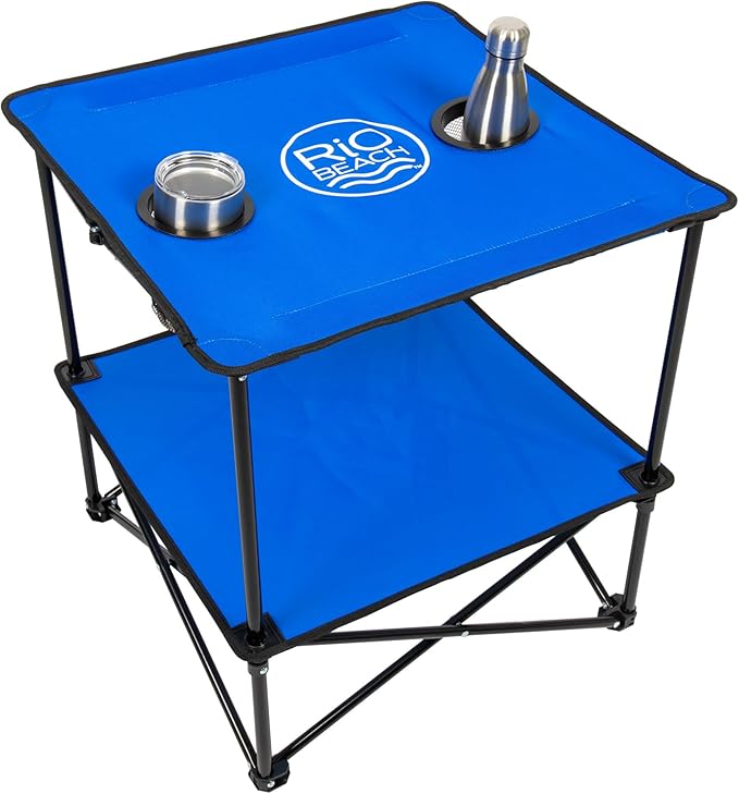 Rio Brands 22" Square Lightweight Fabric Portable Folding Beach Table with Cupholders, Blue