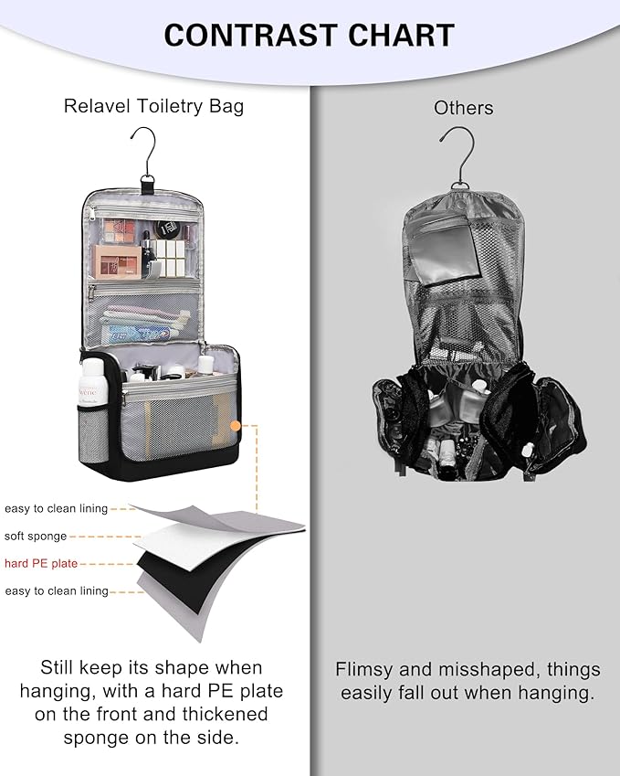 Relavel Toiletry Bag for Men, Hanging Travel Makeup Bag for Women, Waterproof Large Cosmetic Organizer Multiple Compartments for Accessories, Full Sized Toiletries, Dopp Kit Shaving Bag, Black