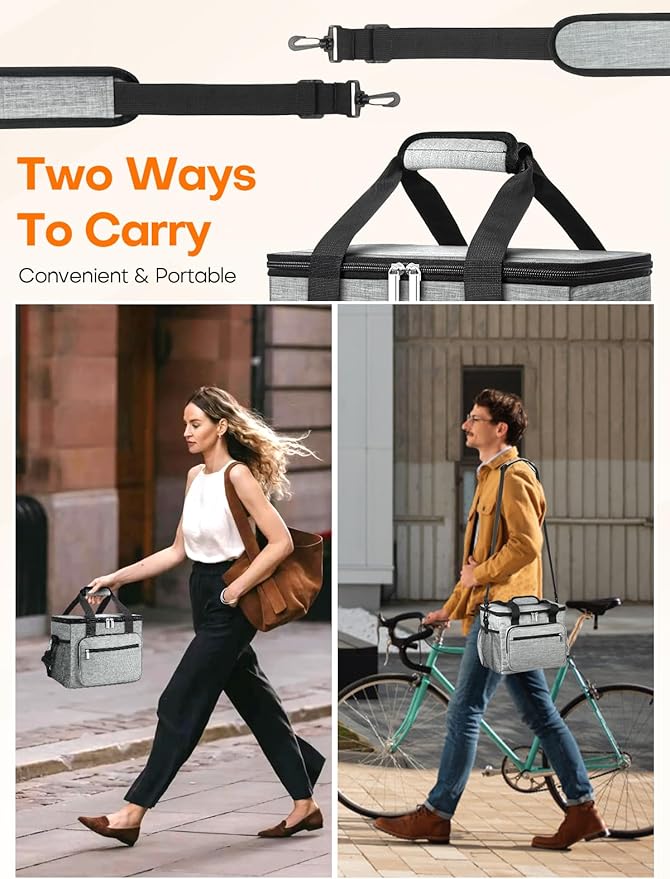 Insulated Lunch Bag, 15L Large Leakproof lunchbag Lunch Boxes for Adult Men Women, Soft Cooler Bags with 6 Pockets and Carabiner Clip for Work Picnic Travel (Gray)