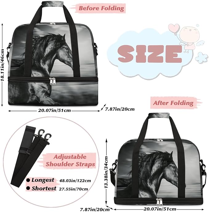 Horse Foldable Travel Duffel Bag, Expandable Sports Gym Bag with Shoes Compartment Weekender Overnight Totes Bags for Women Men