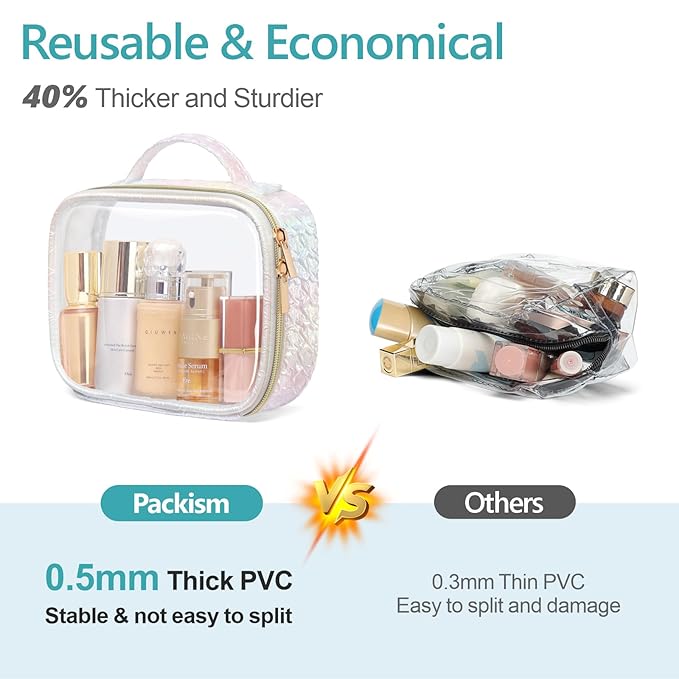 PACKISM TSA Approved Toiletry Bag - Ruched Textured Clear Makeup Bag, Iridescent White, with 180° Large Opening and Supporting Frame, Perfect for Travel Essentials, Thick No Smell