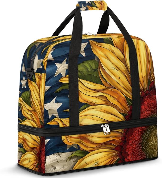 cfpolar Woman Travel Duffel Bag Sunflower American Flag Foldable Tote Carry On Luggage Sports Gym Bag With Shoe Compartment Overnight Weekend Yoga Workout Bag Training Handbag