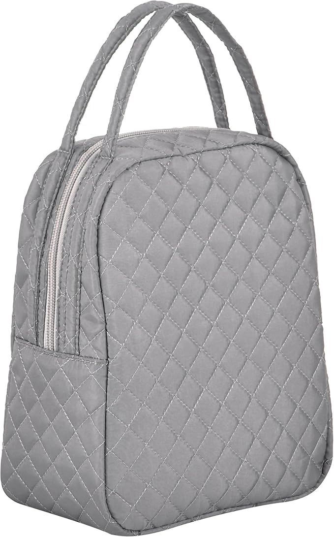 Machine Washable Women Quilted Fabric Insulated Reusable Cooler Lunch Bag Tote Adult Thermal Lunch Box Storage Bag for Ｗork (Grey)