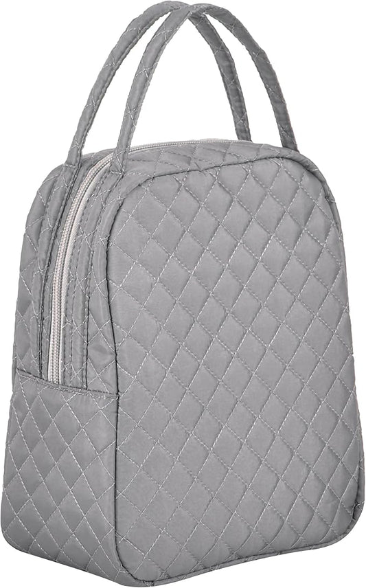 Machine Washable Women Quilted Fabric Insulated Reusable Cooler Lunch Bag Tote Adult Thermal Lunch Box Storage Bag for Ｗork (Grey)