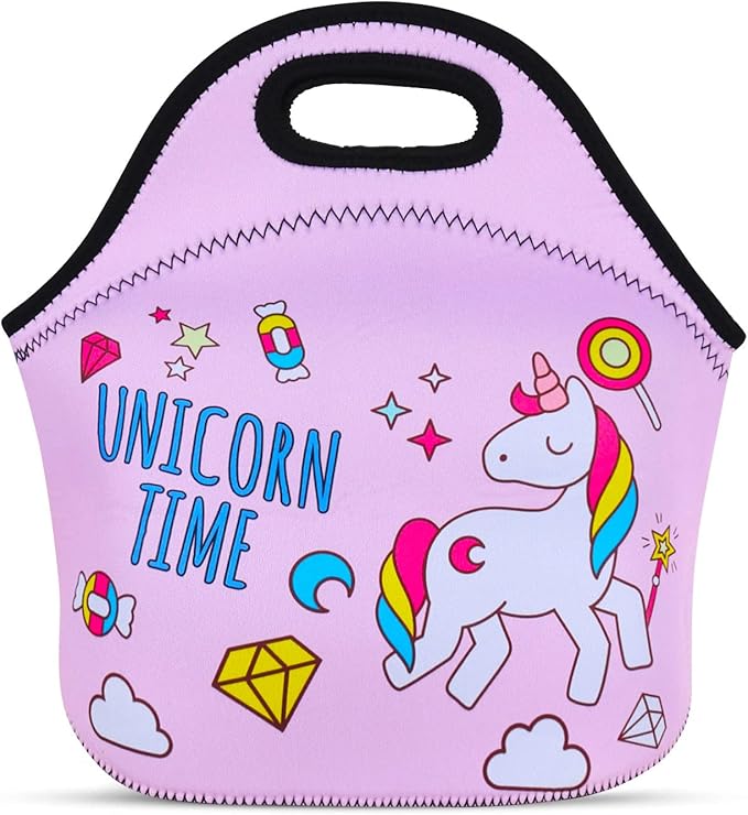 Violet Mist Unicorn Pink Neoprene Lunch Bag Cute Insulated Reusable Lunch Box Thermal Lunch Bags Tote Waterproof Thick Lunch Handbag with Zipper Thanksgiving Christmas Gifts Work Picnic
