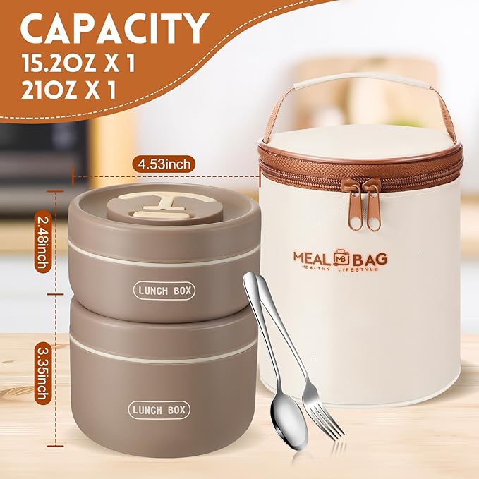 Dandat 2 Pcs Insulated Lunch Containers Thermal Bento Box with Bag Fork Knife Microwavable Stainless Steel Lunch Box 15.2 oz 21 oz Separate Stackable Thermal Food Jar for Adult Men Women(Khaki)