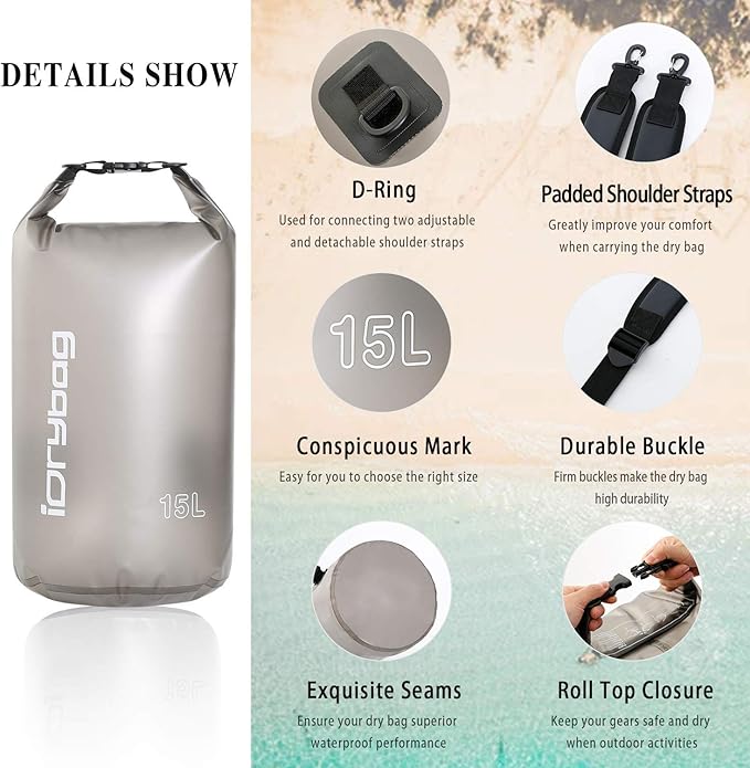 IDRYBAG Clear Dry Bag Waterproof 2L/5L/10L/15L/20L, Small Dry Sack Waterproof Bag for Kayaking