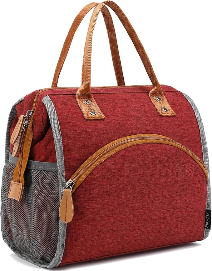FlowFly Insulated Lunch Bag for Women, Men, and Kids, Large and Reusable, Handle, Work and School Travel Tote and Meal Prep Organizer, Red
