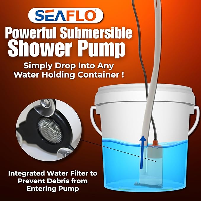 SEAFLO Portable Camping/Outdoor Shower, Rechargeable Battery, 2.64 Gallons Per Min, 40-Minute Runtime Outdoor Camping Pet Washing, Type-C Charging, 80" Hose (with or Without 2.6 Gallon Bucket)