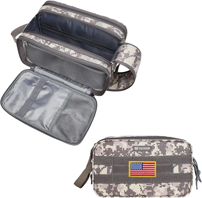 TACTICISM Toiletry Bag for Men - Extra Large Dry Wet Separate Bathroom Bag, Tactical Molle Dopp Kit for Men, Water-Resistant Mens Shower Bag for Travel, ACU Camo