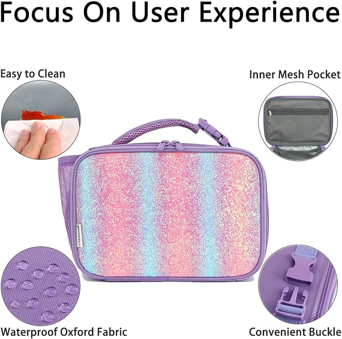 Insulated Lunch Box for School, Thermal Reusable Durable Freezable Lunch Bags for Kids Boys Girls Men Women - Small Soft Cooler Portable Lunch Tote Kit for Work Picnic Travel,Purple Glitter