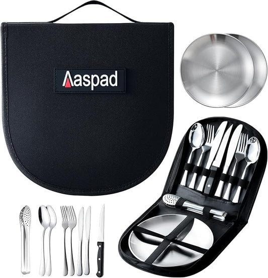 Picnic Cutlery Kit with Portable Case Camping Essentials Silverware Set Travel Utensils Outdoor Tableware Stainless Steel Flatware with Forks,Spoons,Serrated Knife,Food Clip,Plates (Sliver)
