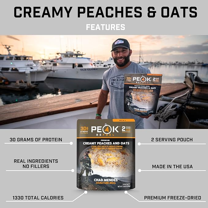 Peak Refuel Creamy Peaches and Oats | Chad Mendes Signature Meal | Premium Freeze-Dried Variety Meals | Hunting, Survival, Camping, Backpacking Food | High-Protein Game Meats | MRE | Made in USA