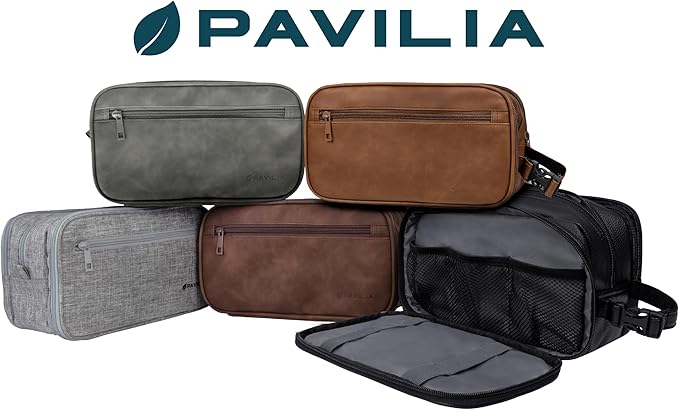 PAVILIA Toiletry Bag for Men, Travel Toiletries Bag | Water-resistant Dopp Kit, PU Leather Shaving Pouch Organizer for Accessories, Cosmetic, Hygiene, Grooming Essentials (Black)