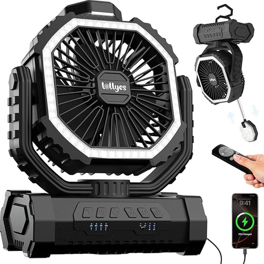 Portable Fan, AI Outdoor Rechargeable Camping Fan with Light, 20000mAh Battery Powered, 360° Rotating Hook, 4 Speeds for Indoor, Traveling, Tenting, RVing, Fishing, Beach (Black)