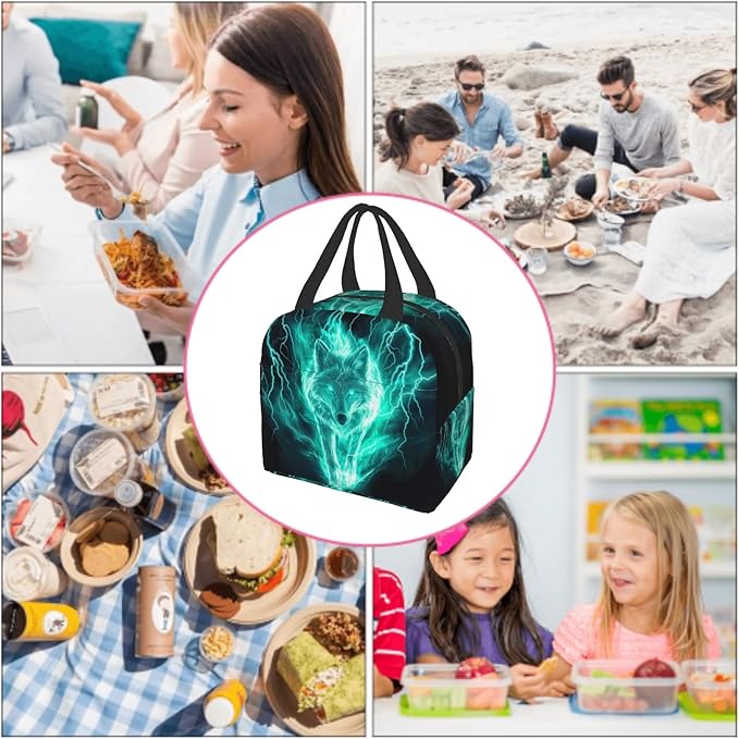 Giwawa Wolf Lunch Bag Fire Animal Print Lightning Insulated Kids Lunch Box Reusable Thermal Cooler Lunch Tote Bag Food Container for Teens Adults Girls Boys School Men Women Travel