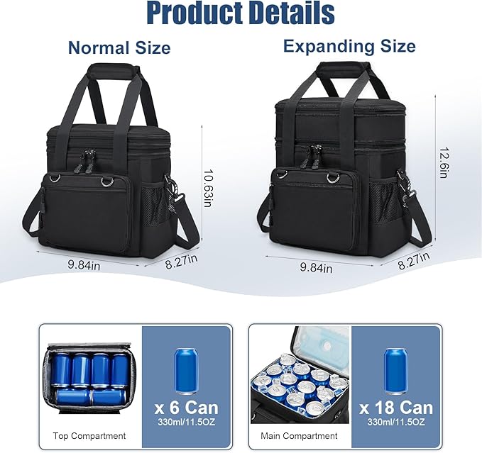 Insulated Lunch Box for Men/Women: Reusable Lunch Bag for Work Office Daytrip Picnic Beach - Leakproof Cooler Tote Bag Organizer for Adults - Black