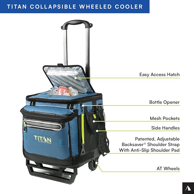 Titan Deep Freeze 60 (50+10) Can Wheeled Cooler - Collapsible Rolling Cooler with Wheels and All-Terrain Cart
