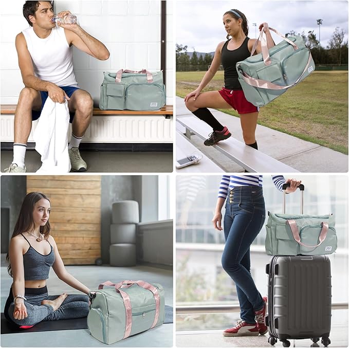 Small Gym Bag for Women, Travel Tote Bag with Compartments, Wet Pocket, Zipper for Dance, Swim, Sports Overnight Bag Green with Pink Handles