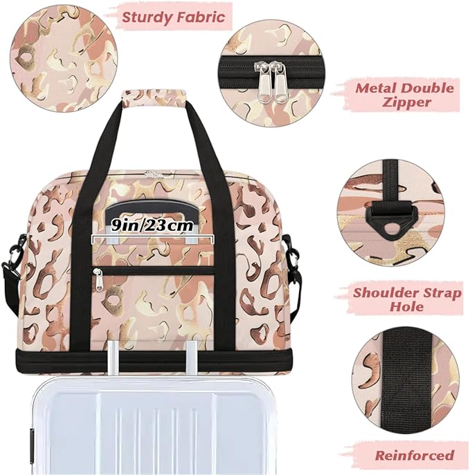 cfpolar Woman Travel Duffel Bag Leopard Print Animal Foldable Tote Carry On Luggage Sports Gym Bag With Shoe Compartment Overnight Weekend Yoga Workout Bag Training Handbag