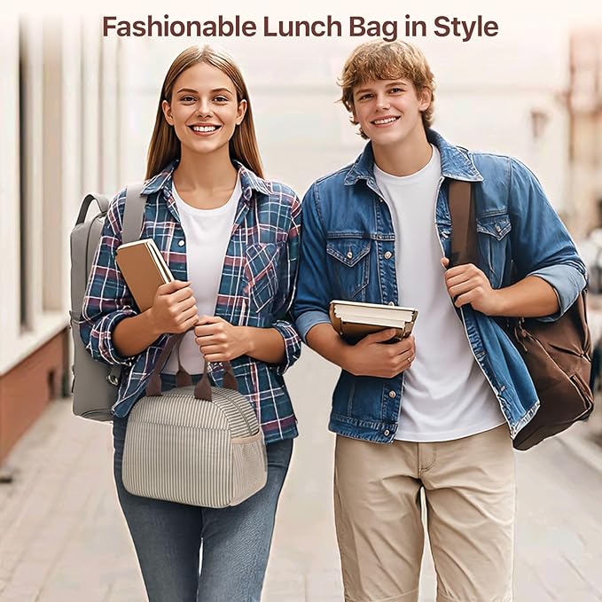 Bagseri Insulated Lunch Bag Women - Reusable Leakproof Thermal Cooler Sack Food Handbags Case High Capacity for Work and Picnic (Khaki White Stripe)