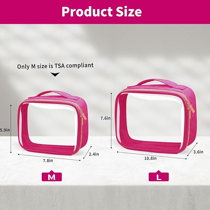 TSA Approved Travel Toiletry Bag,2 Pack Clear Makeup Bags with Handles,Quart Size Clear Cosmetic Bags for Traveling Women,Men,Carry on Airport Airline Compliant Bag,Rose Red
